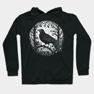 Raven In The Blackbird Forest Linocut Crow Hoodie